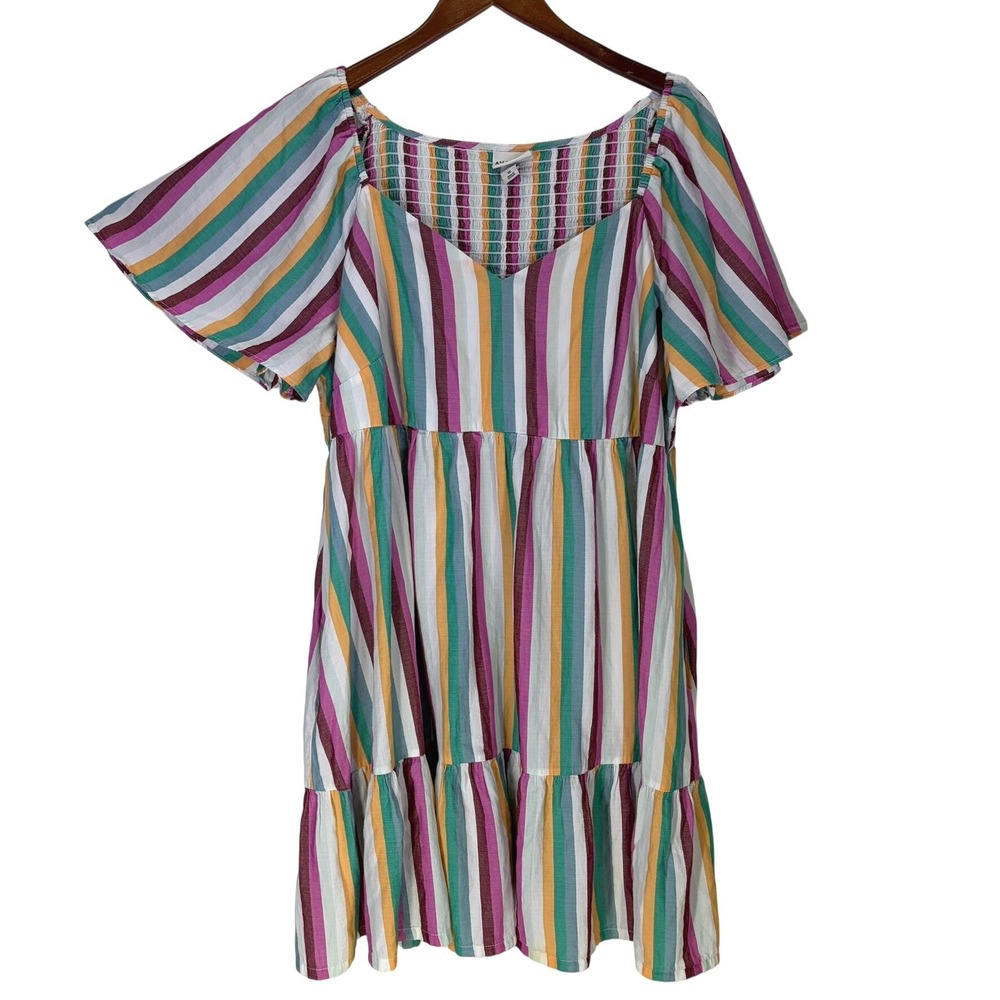 AVA & VIV Womans 100% Cotton‎ Babydoll Dress 1X Multicolor Striped Tiered Boho